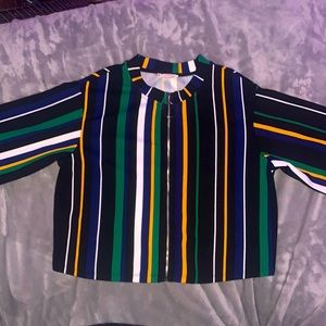 Black, white, green, blue, and yellow striped crop top